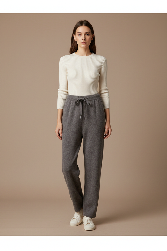 Pantalon Gris Laine Tricoté Décontracté Cordon Femme