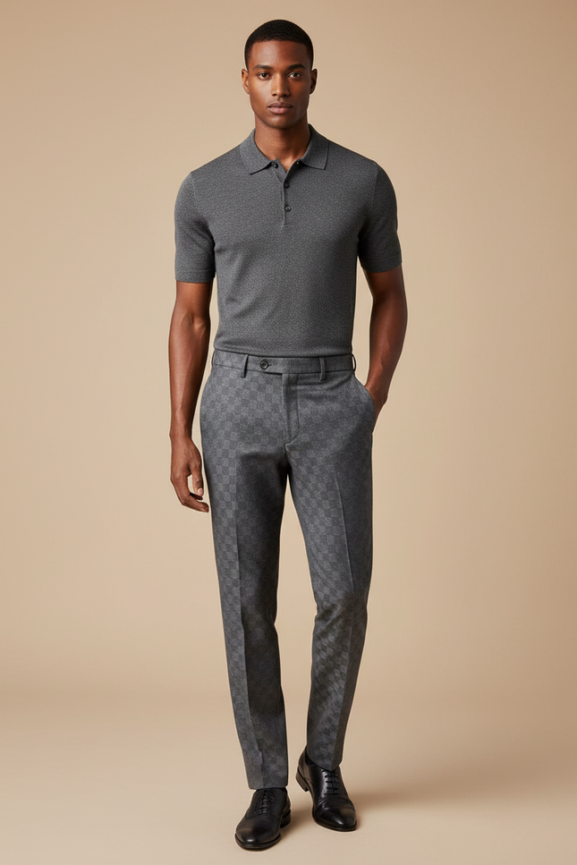 Pantalon Gris Habillé Slim Motif Carreaux Élégant - Laine