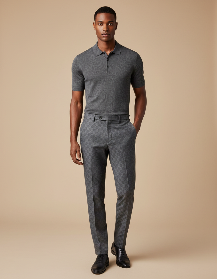 Pantalon Gris Habillé Slim Motif Carreaux Élégant - Laine