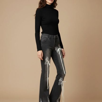 Pantalon Gris Évasé Rubans Dentelle Vintage Femme - Jean