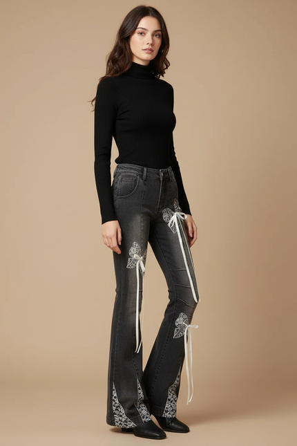 Pantalon Gris Évasé Rubans Dentelle Vintage Femme - Jean