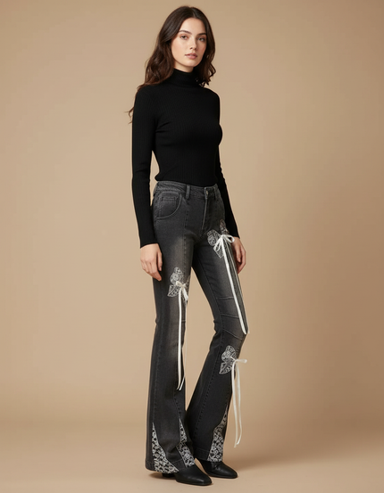 Pantalon Gris Évasé Rubans Dentelle Vintage Femme - Jean