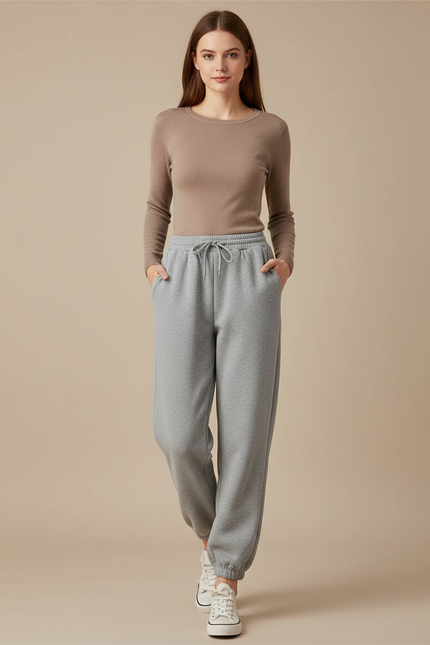 Pantalon Gris Molletonné Ample Sport Décontracté Femme