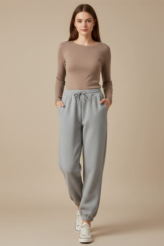 Pantalon Gris Molletonné Ample Sport Décontracté Femme