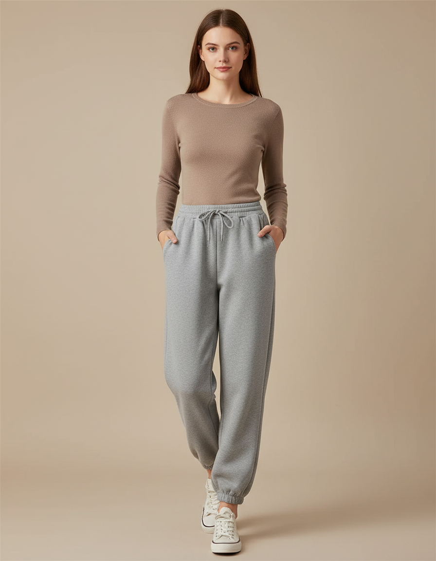 Pantalon Gris Molletonné Ample Sport Décontracté Femme