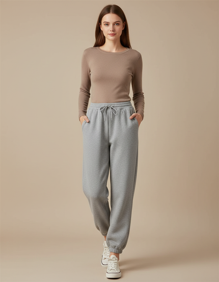 Pantalon Gris Molletonné Ample Sport Décontracté Femme