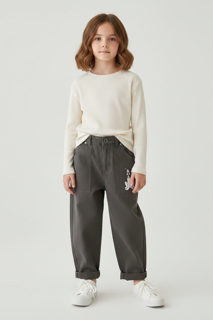 Pantalon Gris Toile Coton Ample Brodé Enfant