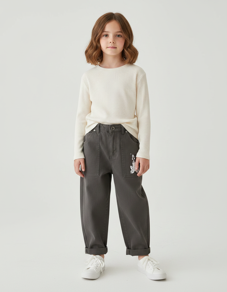 Pantalon Gris Toile Coton Ample Brodé Enfant