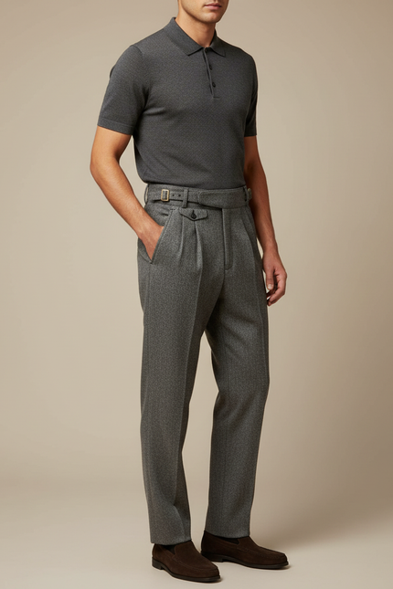 Pantalon Gris Laine Plissé Élégant Décontracté Homme