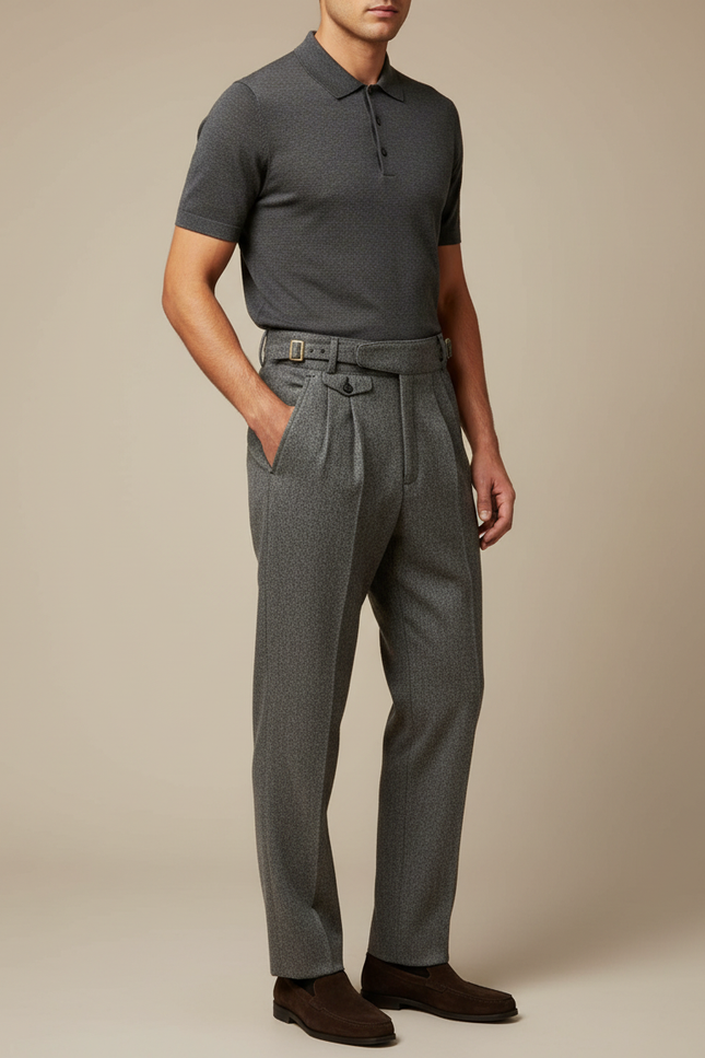 Pantalon Gris Laine Plissé Élégant Décontracté Homme