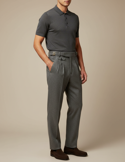 Pantalon Gris Laine Plissé Élégant Décontracté Homme