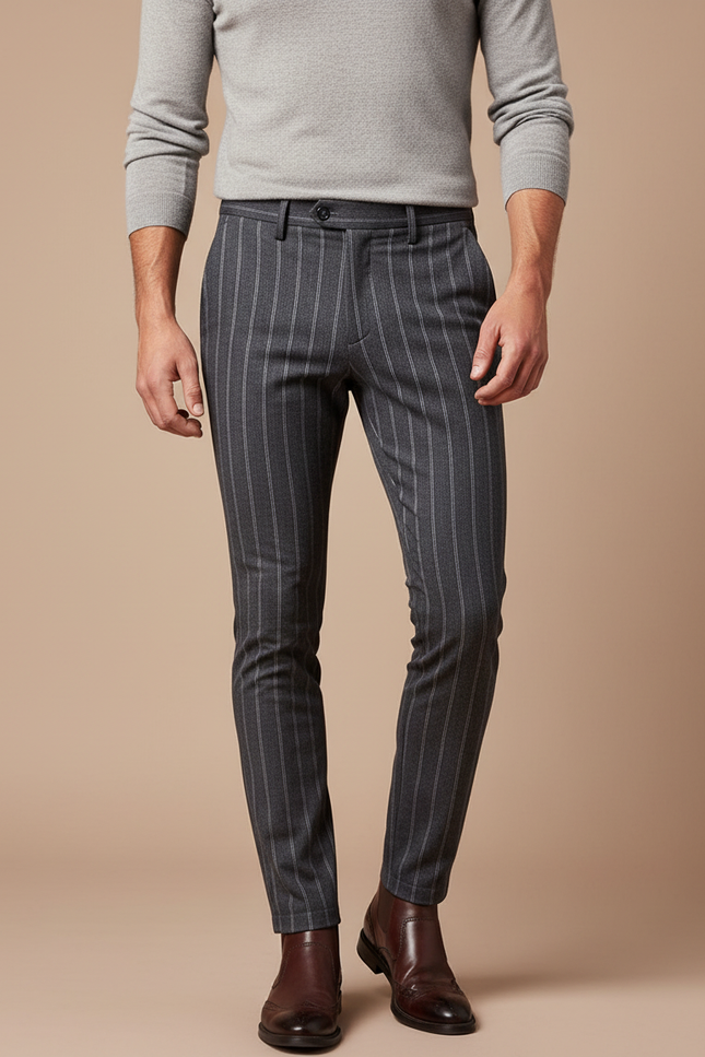 Pantalon Gris Pinstripe Slim Habillé Élégant - Laine