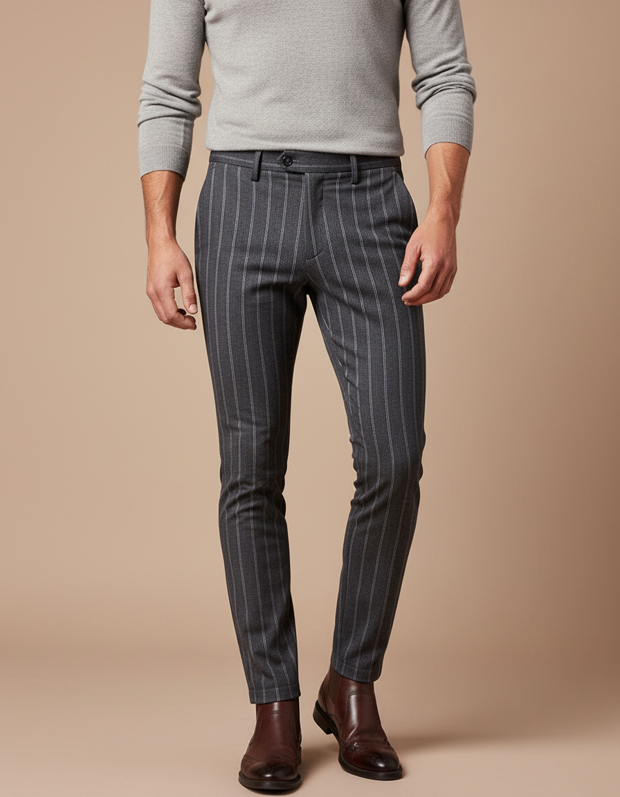 Pantalon Gris Pinstripe Slim Habillé Élégant - Laine
