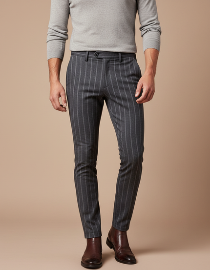Pantalon Gris Pinstripe Slim Habillé Élégant - Laine