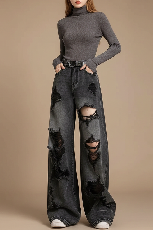 Pantalon Gris Large Délavé Détruit Femme - Jean