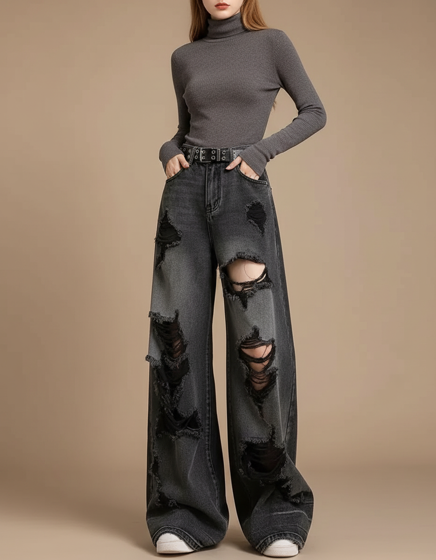 Pantalon Gris Large Délavé Détruit Femme - Jean