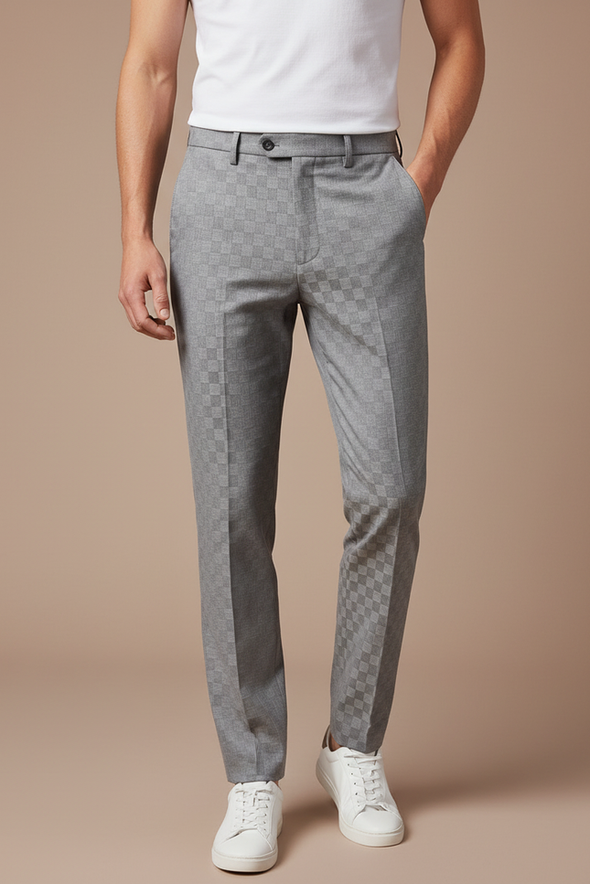 Pantalon Gris Slim Habillé Carreaux Discrets Élégant - Laine