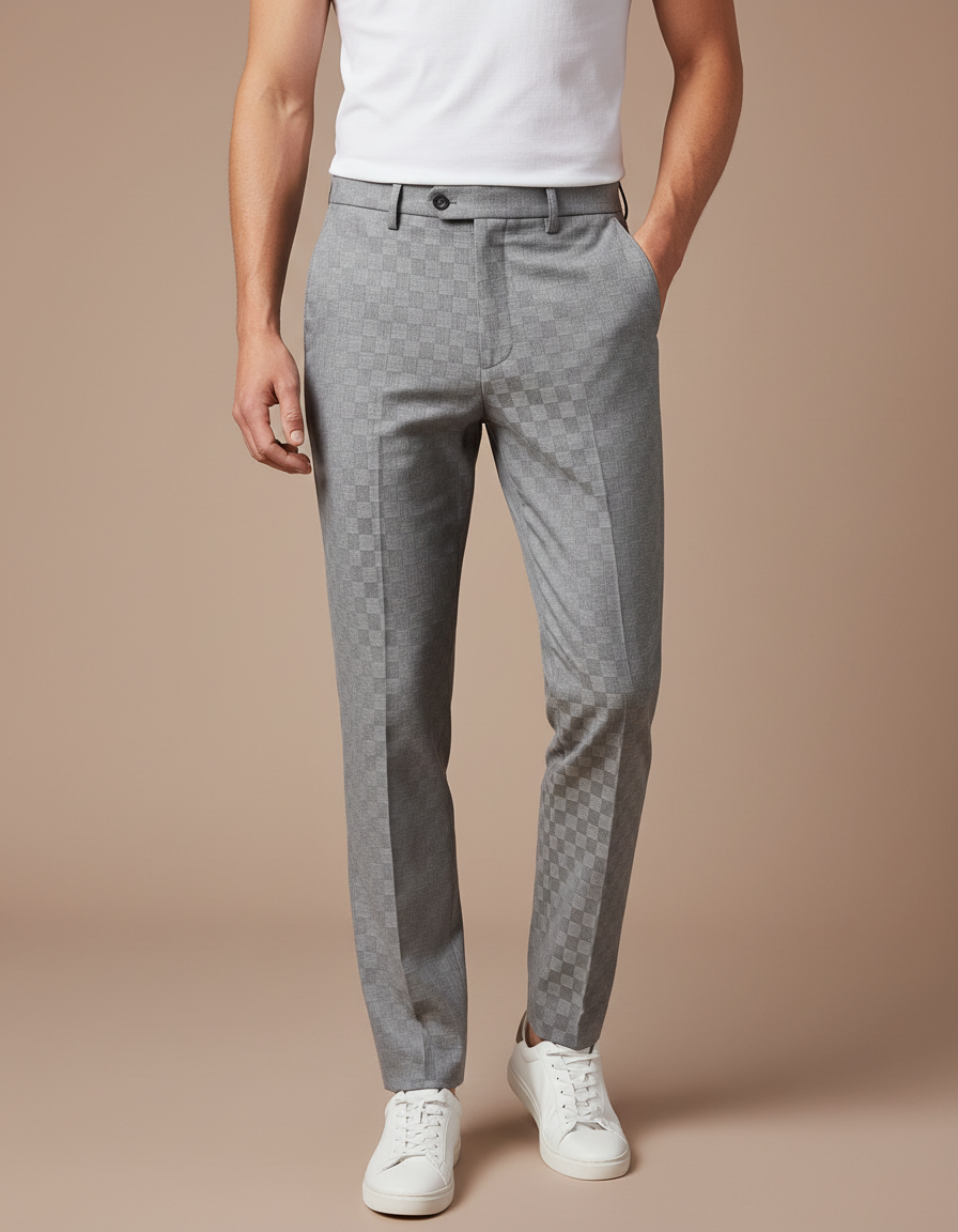 Pantalon Gris Slim Habillé Carreaux Discrets Élégant - Laine