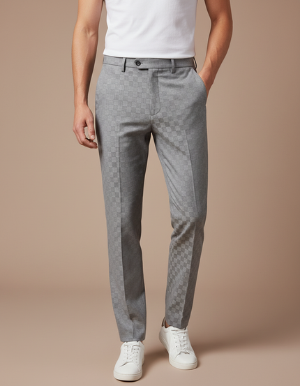 Pantalon Gris Slim Habillé Carreaux Discrets Élégant - Laine
