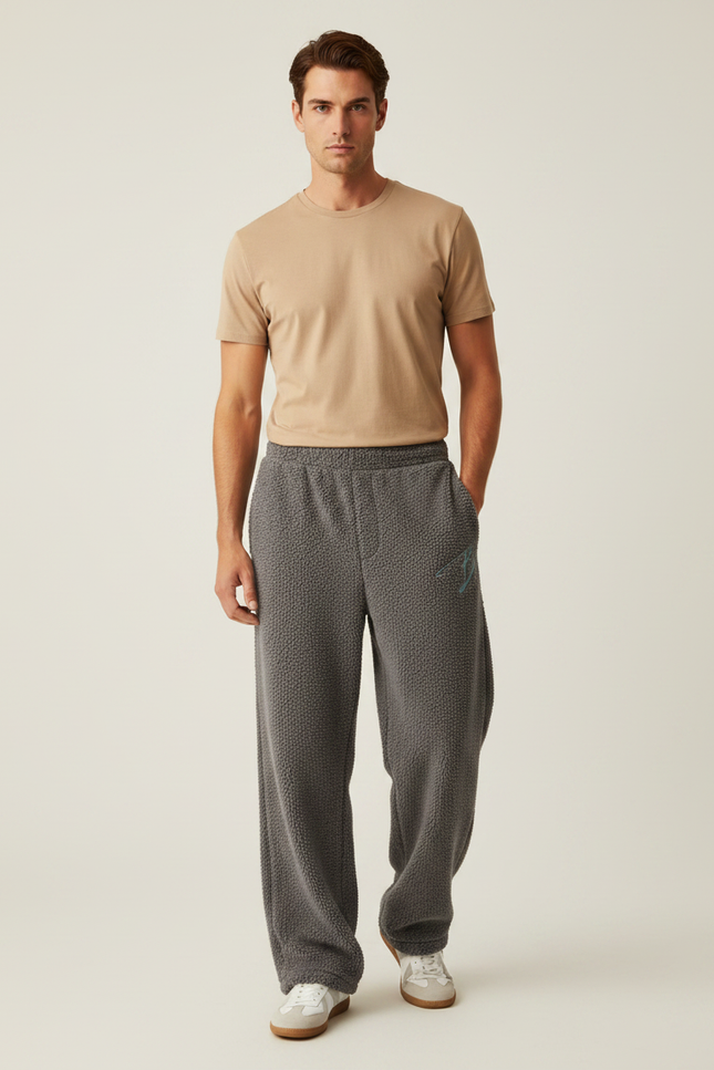 Pantalon Gris Molletonné Ample Brodé Homme