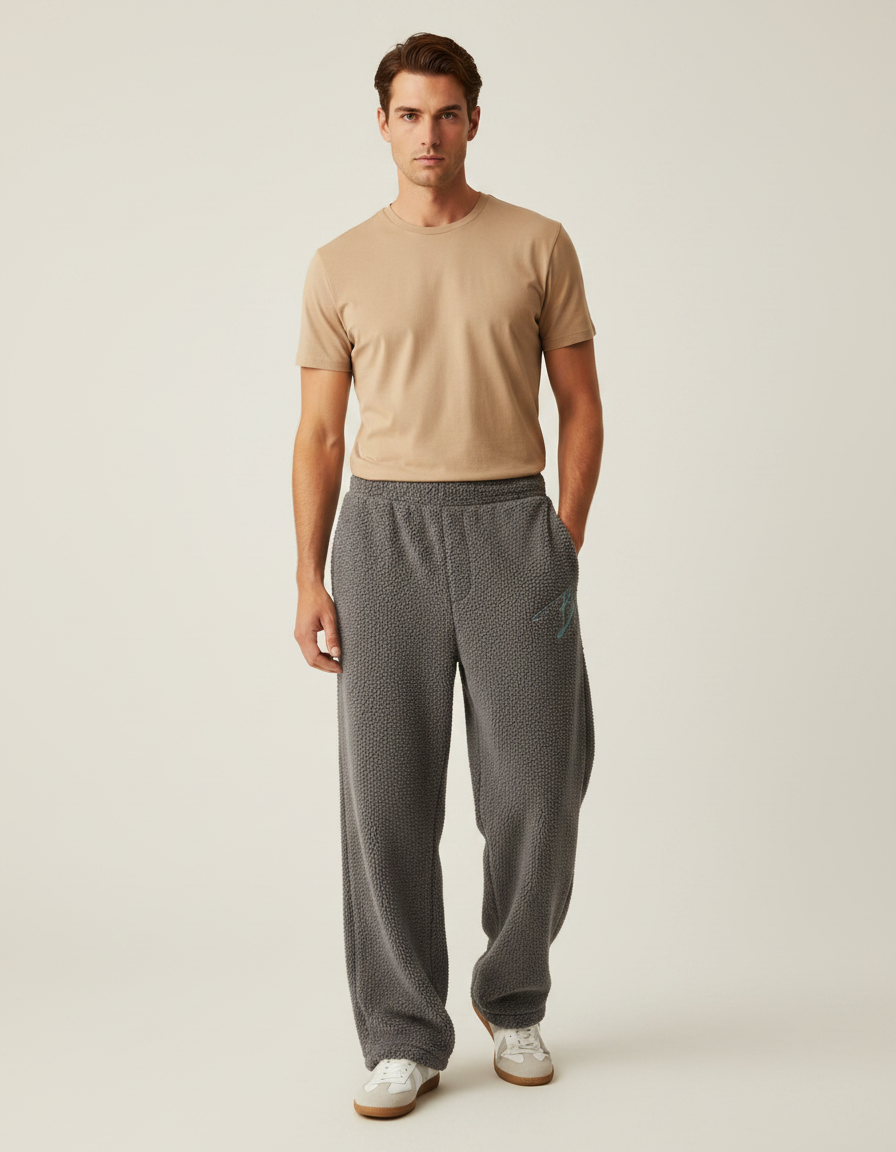 Pantalon Gris Molletonné Ample Brodé Homme