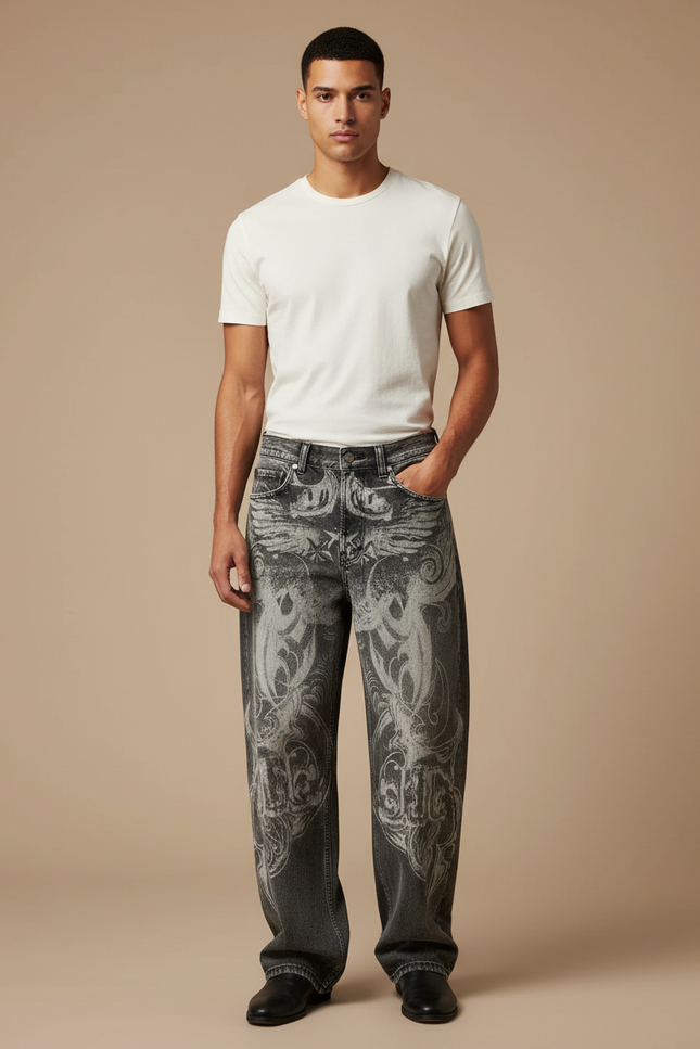 Pantalon Gris Imprimé Ample Vintage Hip Hop Homme - Jean