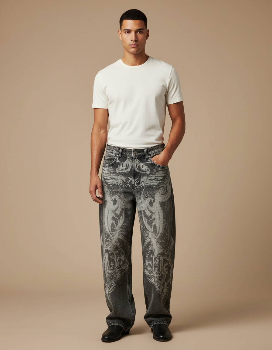 Pantalon Gris Imprimé Ample Vintage Hip Hop Homme - Jean