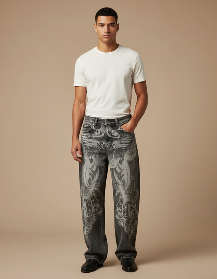 Pantalon Gris Imprimé Ample Vintage Hip Hop Homme - Jean