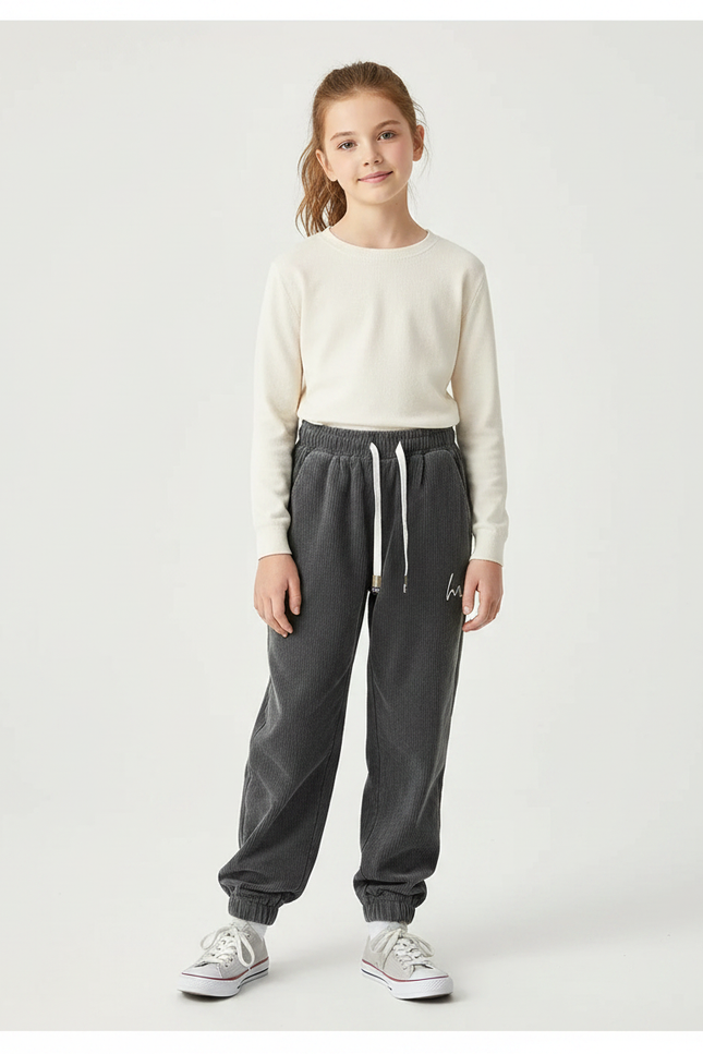 Pantalon Gris Côtelé Large Brodé Cordon - Cordé