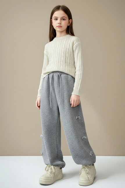 Pantalon Gris Large Décontracté Nœuds Fille Sport - Molleton