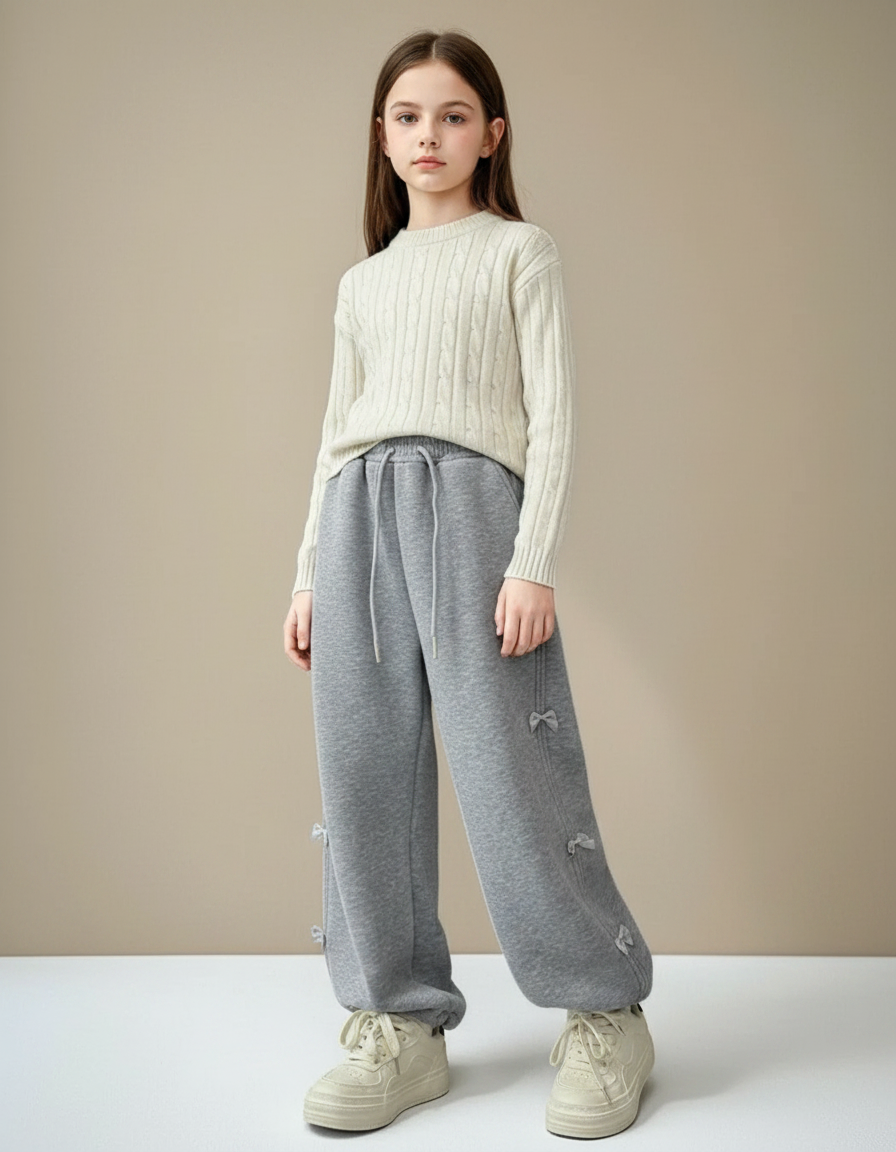 Pantalon Gris Large Décontracté Nœuds Fille Sport - Molleton