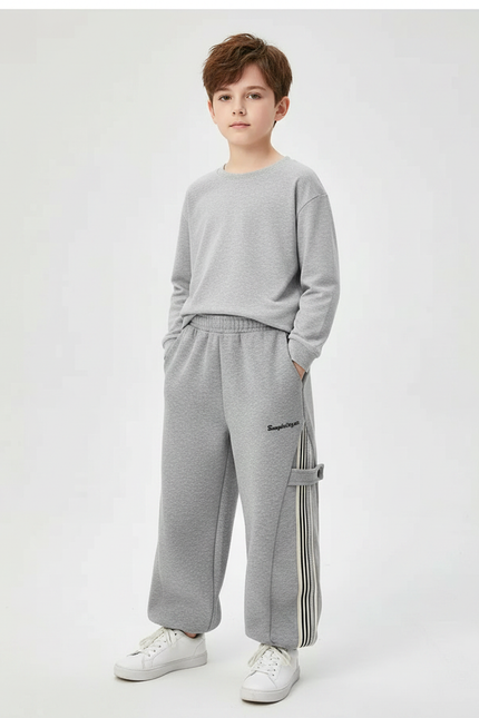 Pantalon Gris Ample Décontracté Coton Garçon - Molleton