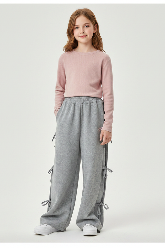 Pantalon Gris Large Coton Nœuds Fille Sportif - Molleton