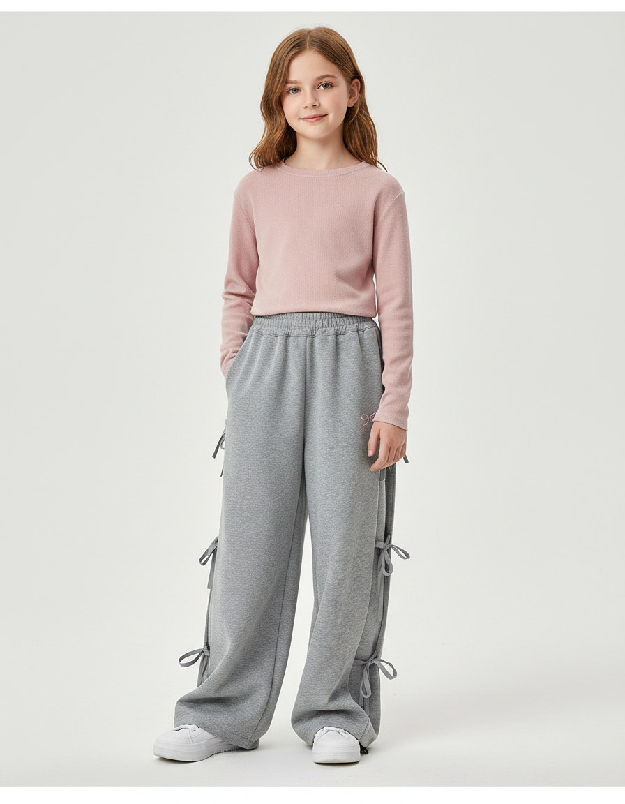 Pantalon Gris Large Coton Nœuds Fille Sportif - Molleton