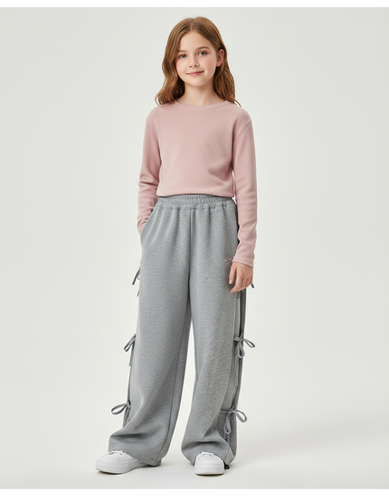 Pantalon Gris Large Coton Nœuds Fille Sportif - Molleton