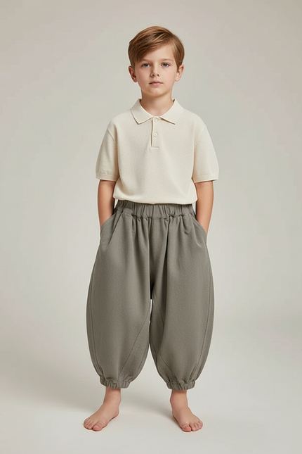 Pantalon Gris Ample Décontracté Enfant Harem Coton - Kaki Molleton
