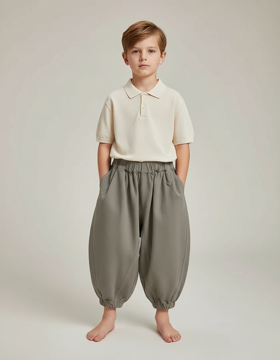 Pantalon Gris Ample Décontracté Enfant Harem Coton - Kaki Molleton