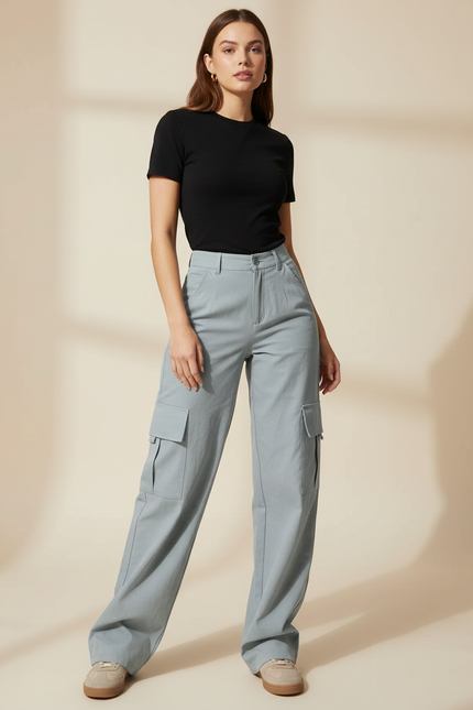 Pantalon Gris Cargo Ample Taille Haute Femme - Gabardine