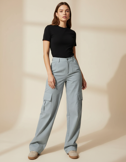 Pantalon Gris Cargo Ample Taille Haute Femme - Gabardine