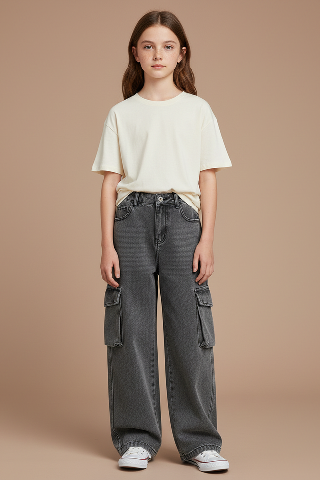 Pantalon Gris Cargo Délavé Ample Enfant Denim - Jean