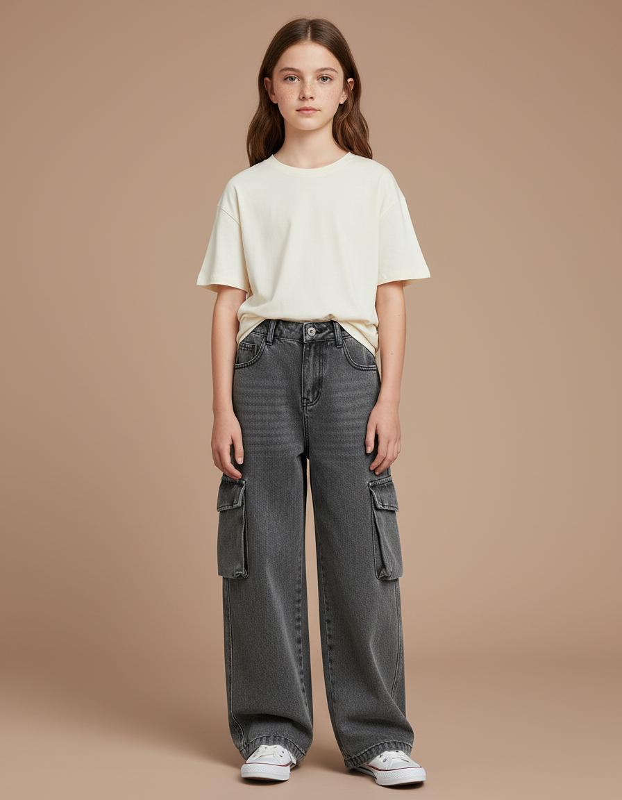 Pantalon Gris Cargo Délavé Ample Enfant Denim - Jean