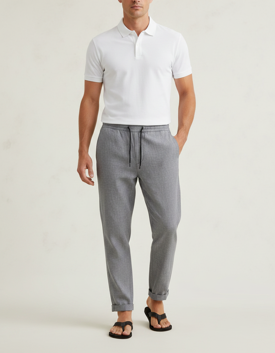Pantalon Gris Décontracté Droit Cordon Homme Léger - Polyester