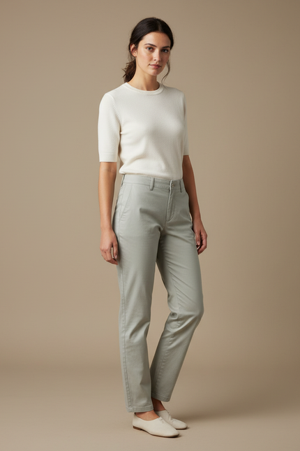 Pantalon Gris Femme Coton Droit Décontracté Simple - Vert Gabardine