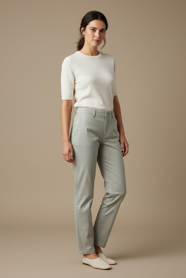 Pantalon Gris Femme Coton Droit Décontracté Simple - Vert Gabardine