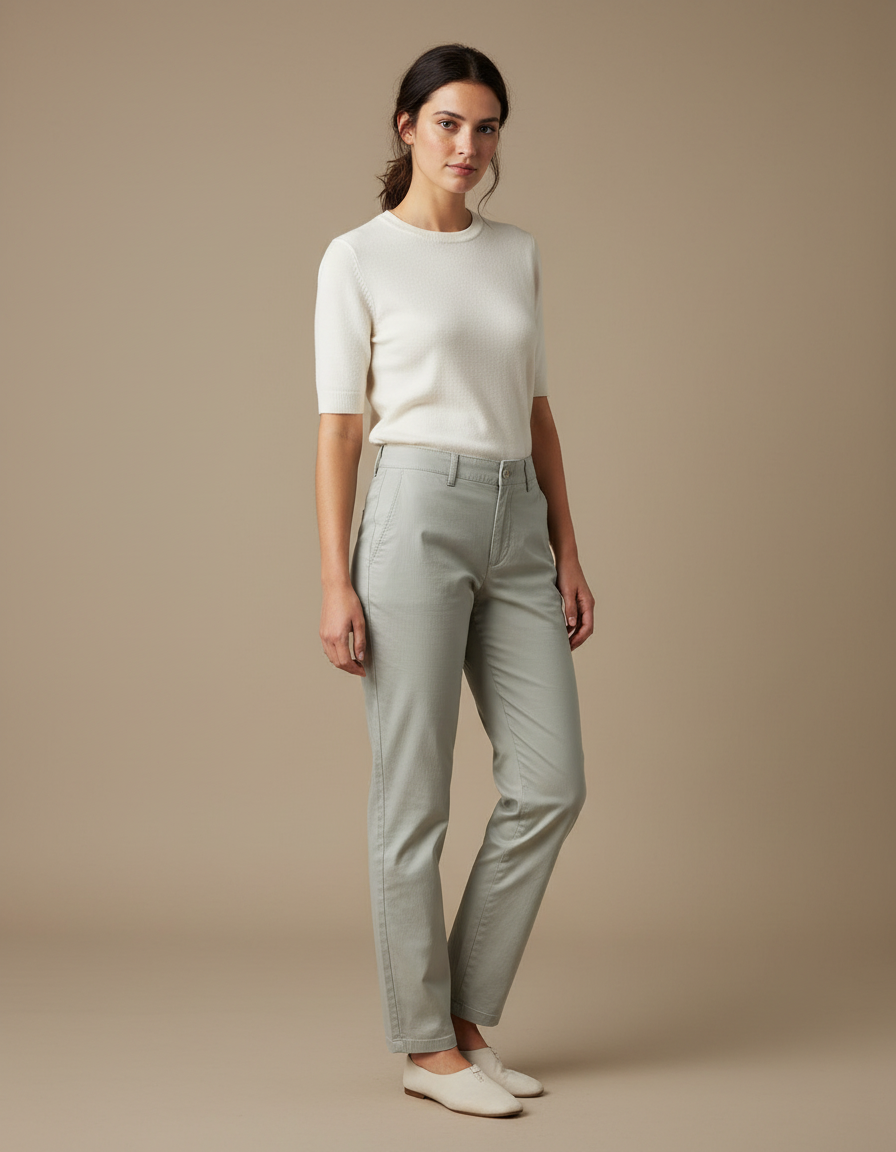 Pantalon Gris Femme Coton Droit Décontracté Simple - Vert Gabardine
