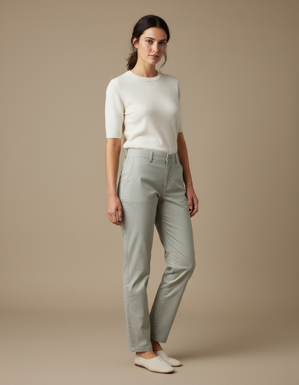 Pantalon Gris Femme Coton Droit Décontracté Simple - Vert Gabardine