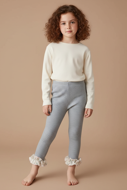 Pantalon Gris Côtelé Volant Fleuri Extensible Enfant - Maille