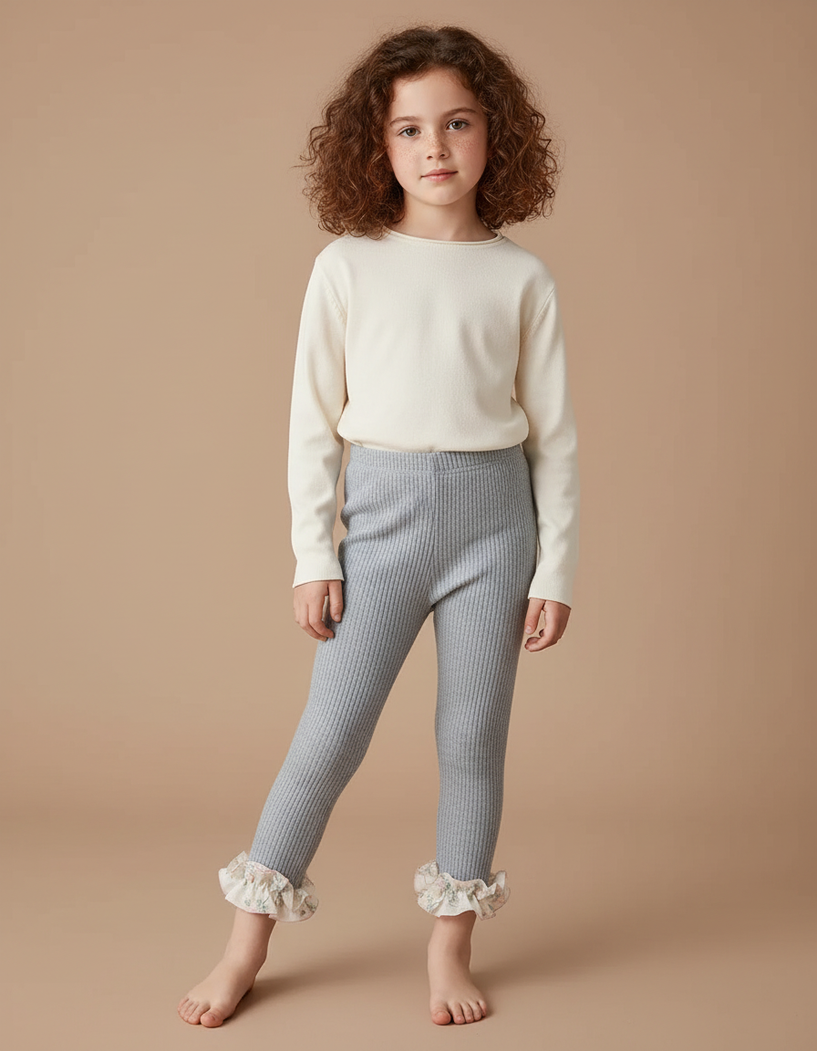 Pantalon Gris Côtelé Volant Fleuri Extensible Enfant - Maille