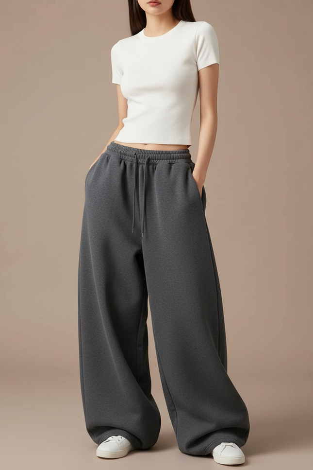 Pantalon Gris Ample Molletonné Décontracté Cordon Femme