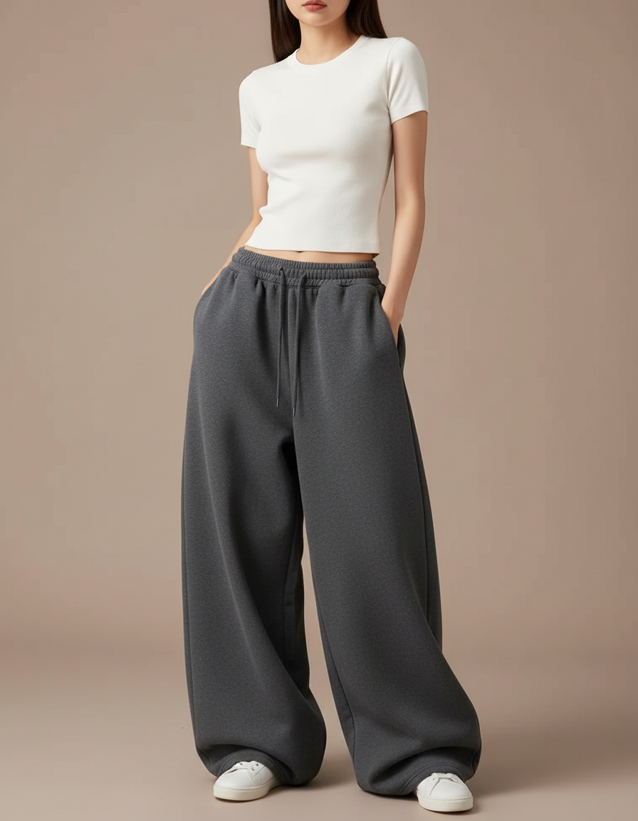 Pantalon Gris Ample Molletonné Décontracté Cordon Femme